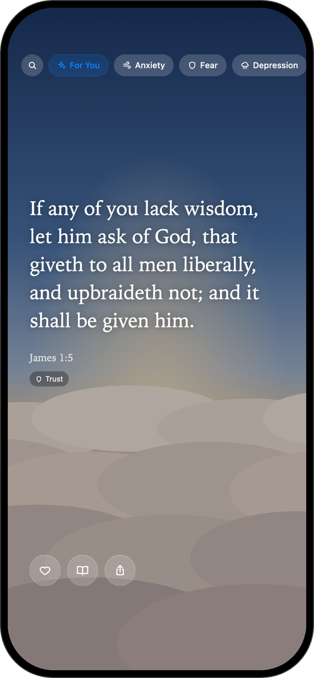 WithHim Scripture feed showing James 1:5 over a sky background, with topic chips For You, Anxiety, Fear and Depression