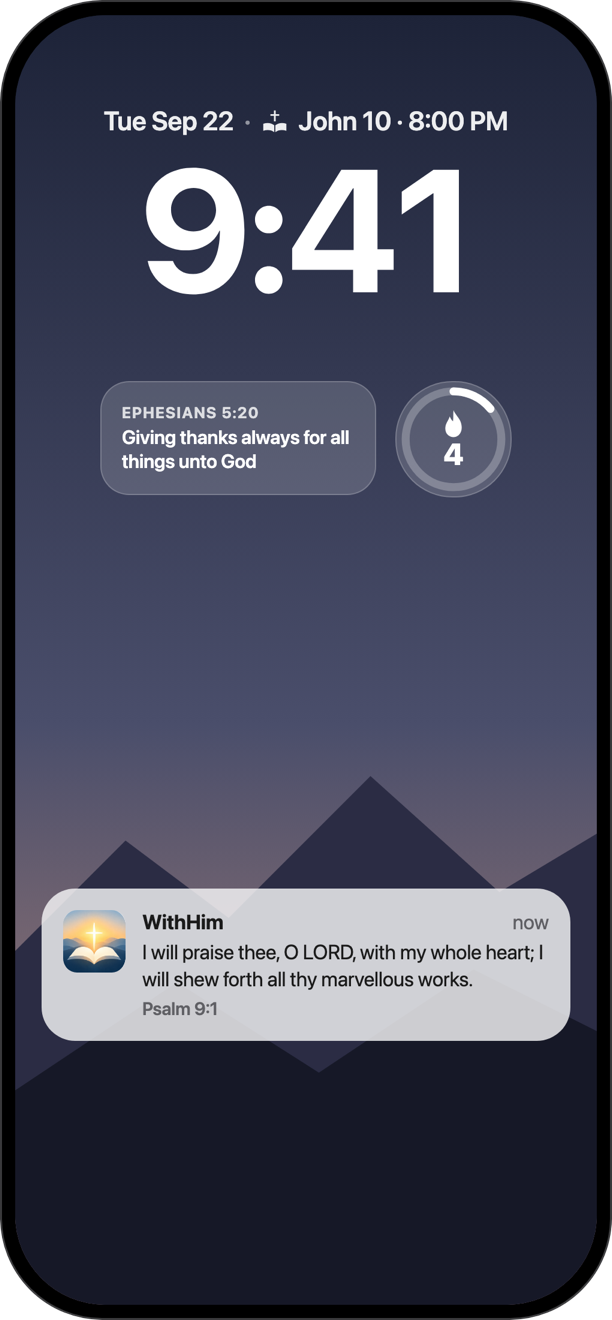 WithHim Lock Screen widgets with Ephesians 5:20 and a verse notification