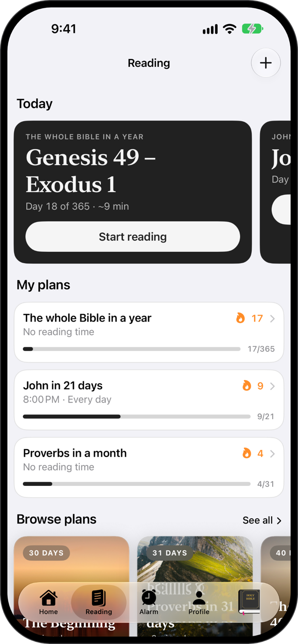 WithHim Reading tab: today’s reading Genesis 49 – Exodus 1, and plans for the whole Bible in a year, John in 21 days and Proverbs in a month