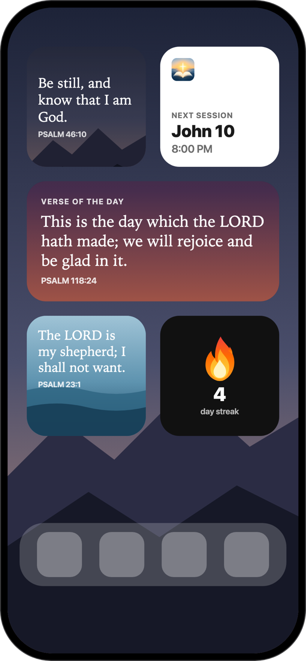 WithHim Home Screen widgets: verse of the day, next session, and a 4-day streak